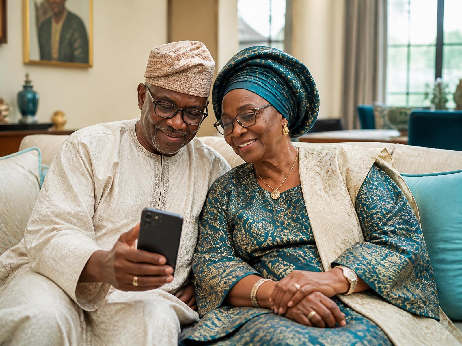 An older Nigerian couple at home smiling during a video call with family abroad