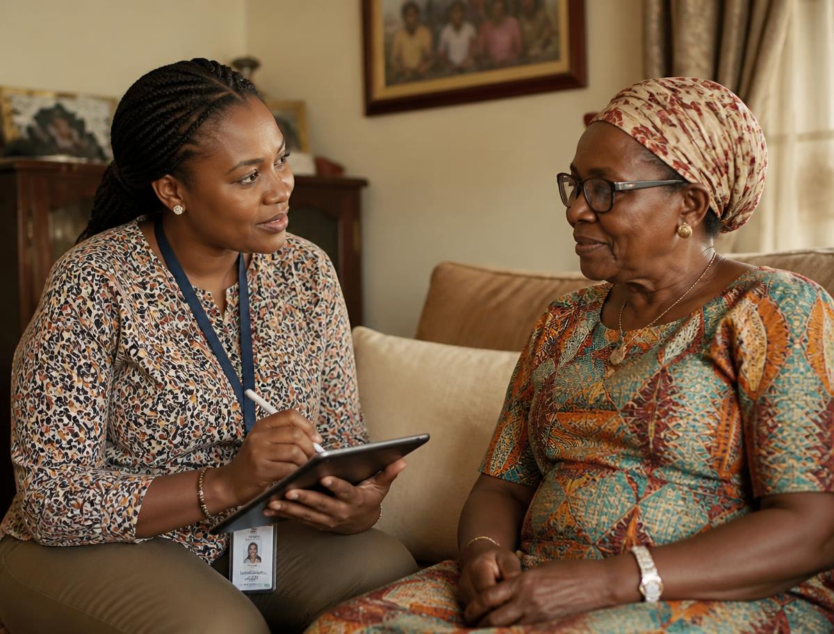 A professional support worker taking notes during a respectful home visit